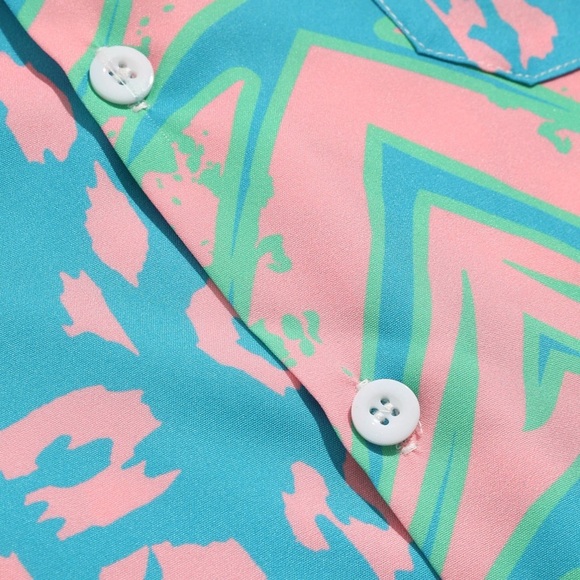 Blue and Pink Casual Button Down Shirt with Vibrant Patterns - Picture 3 of 6